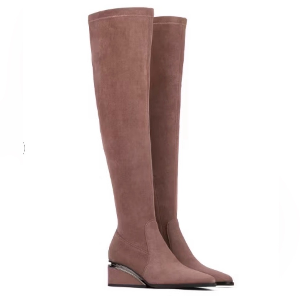 Torgeis Taupe Suede over the knee boots, tall tan boot, Madeline wedge heel boot - Picture 3 of 17